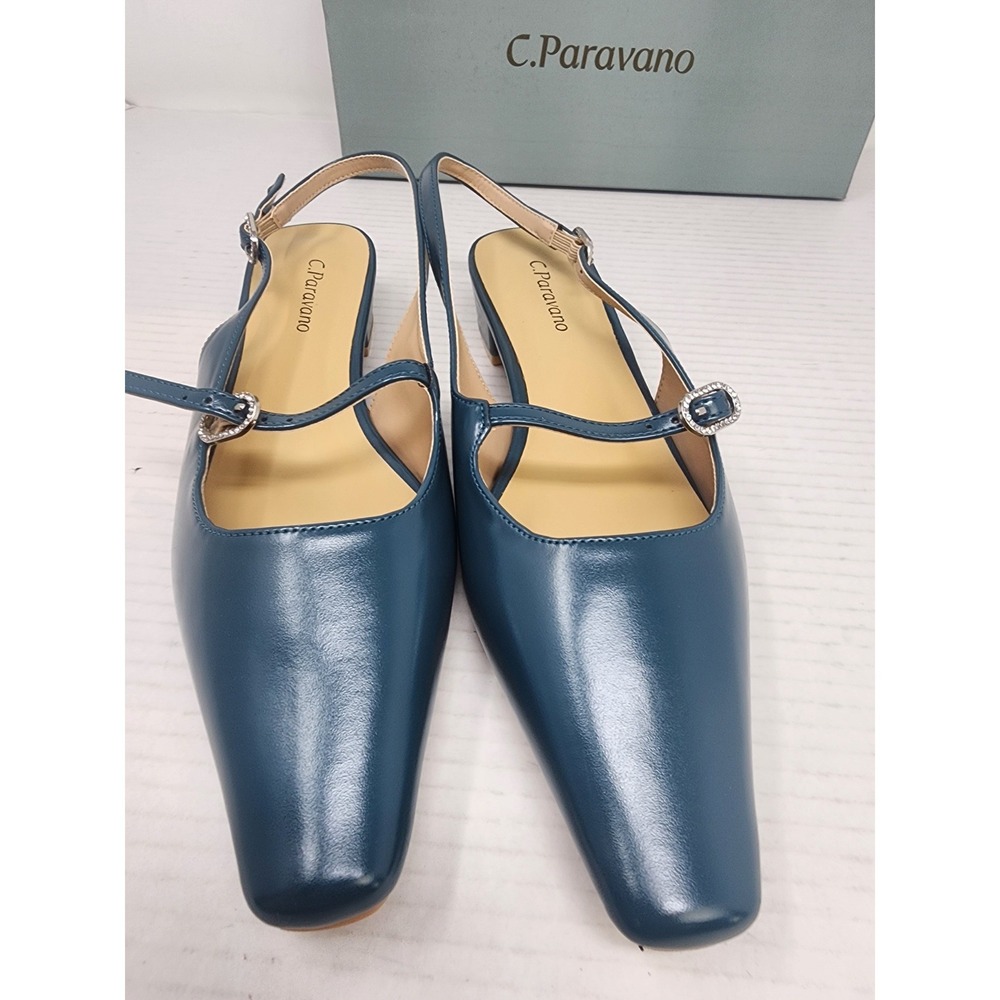 C.Paravano Teal Leather Slingback Mary Jane Block Heel Pumps Womens Size 8 NEW - Picture 6 of 12